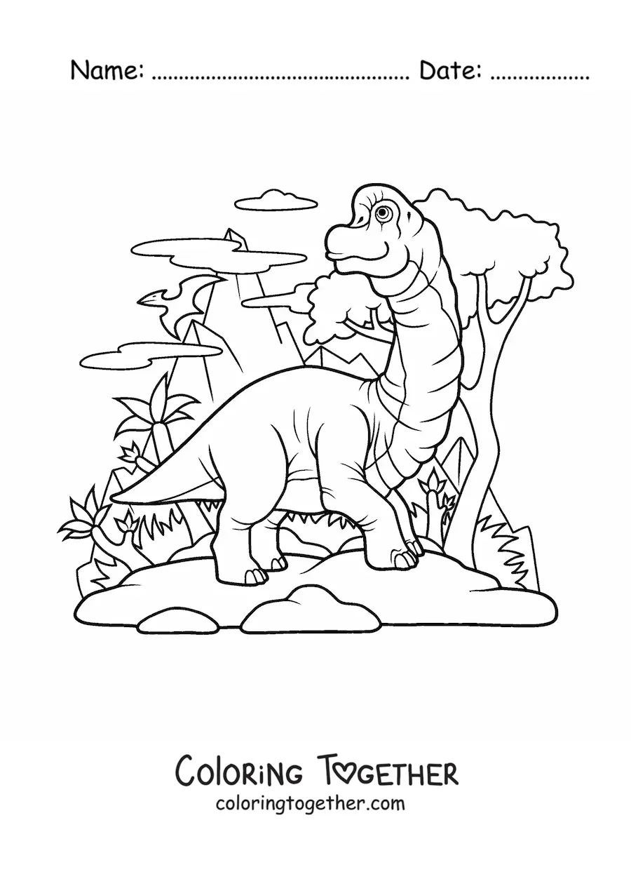 Coloring page of an animated herbivorous Brachiosaurus in its habitat