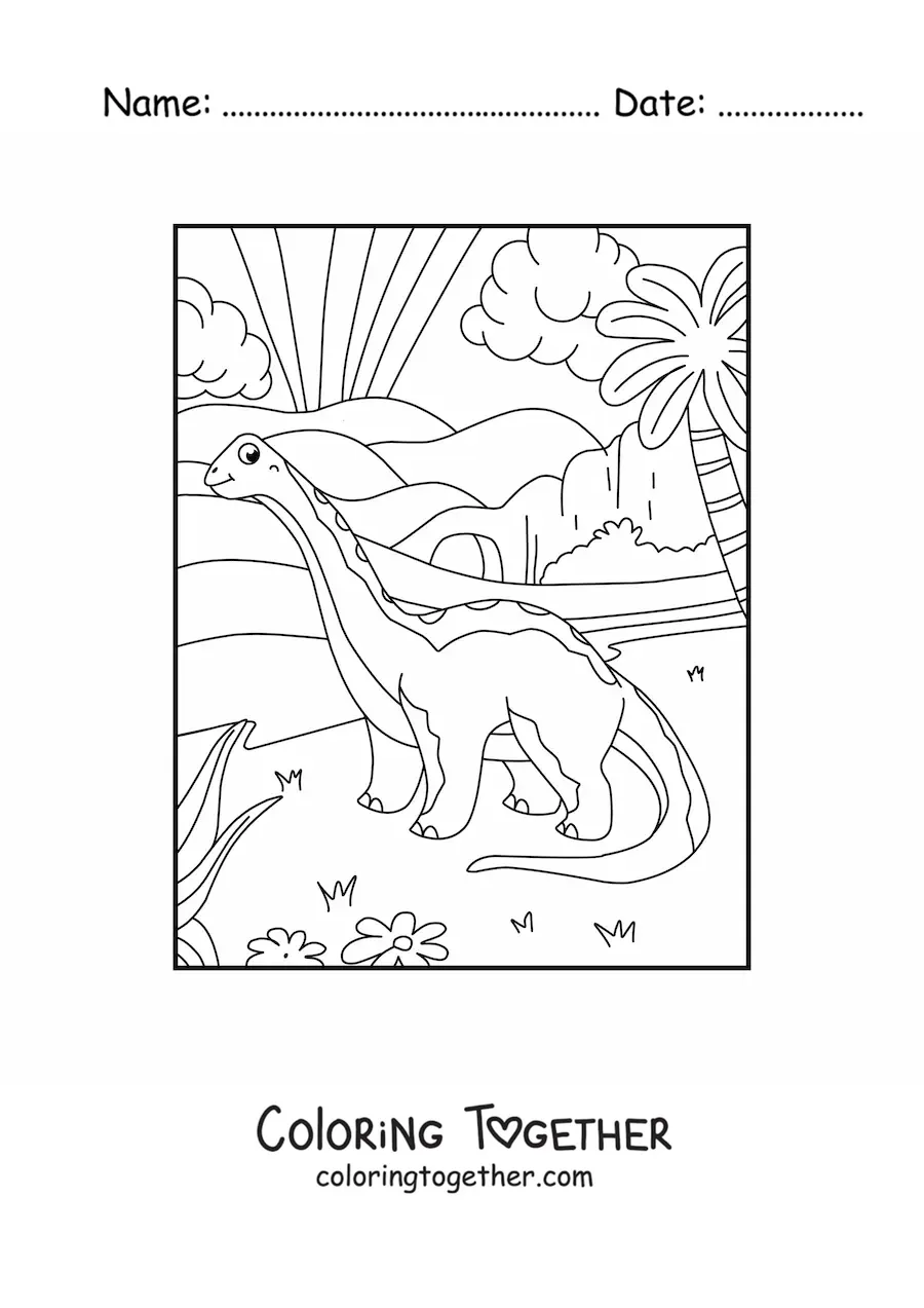 Coloring page of an animated herbivorous Brontosaurus