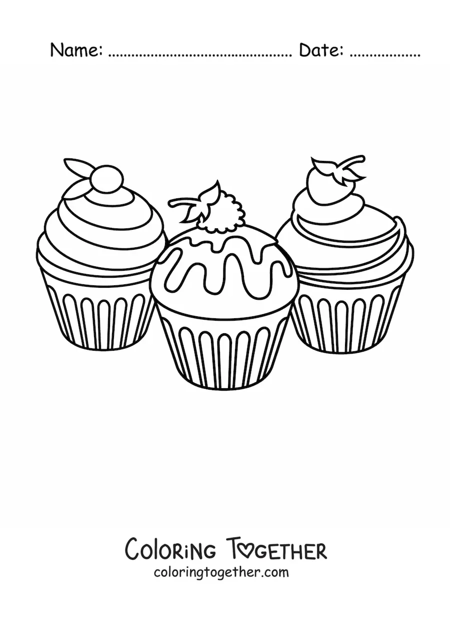 Coloring page of three cupcakes with frosting and fruit on top