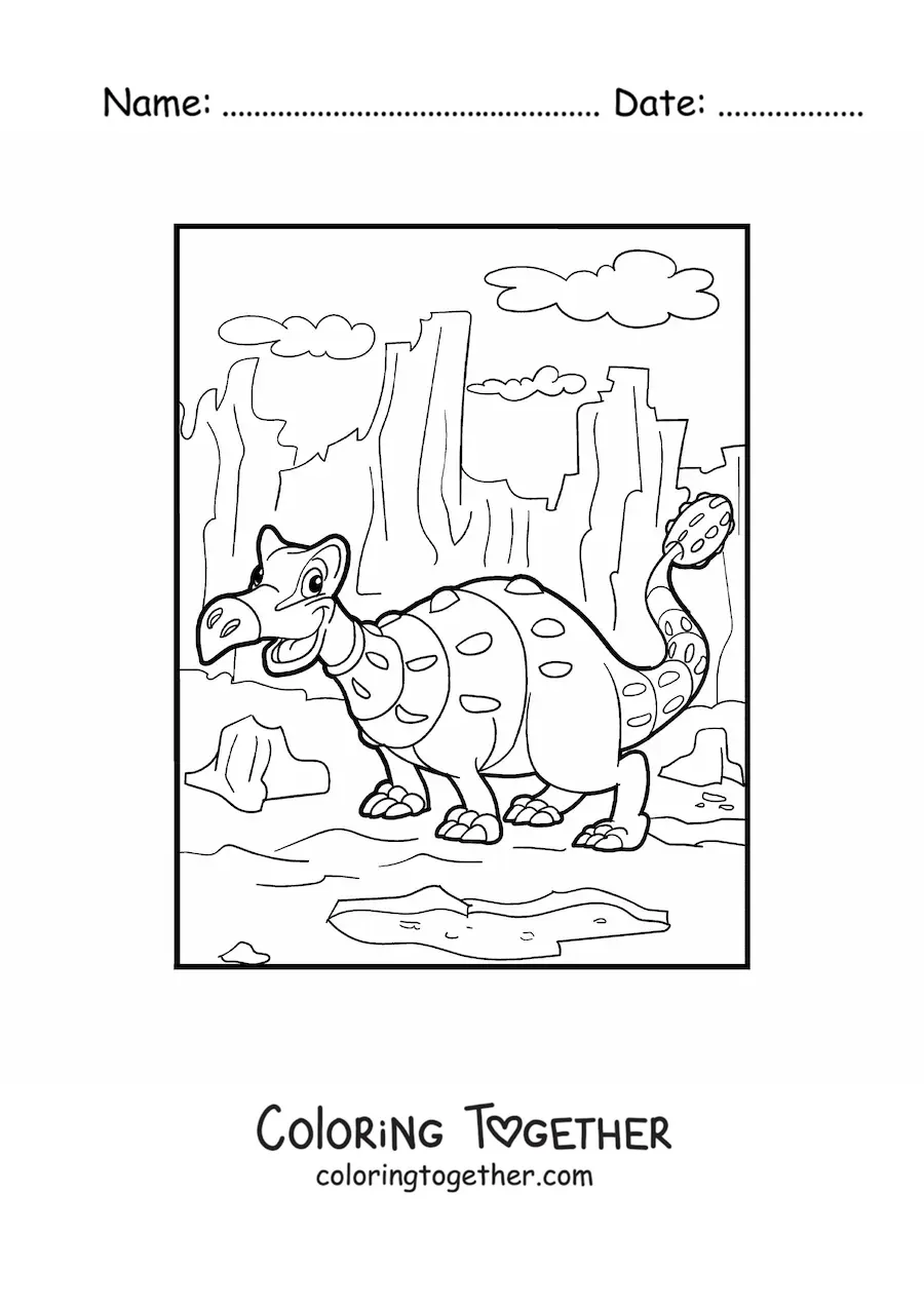 Coloring page of an animated herbivorous ankylosaurus