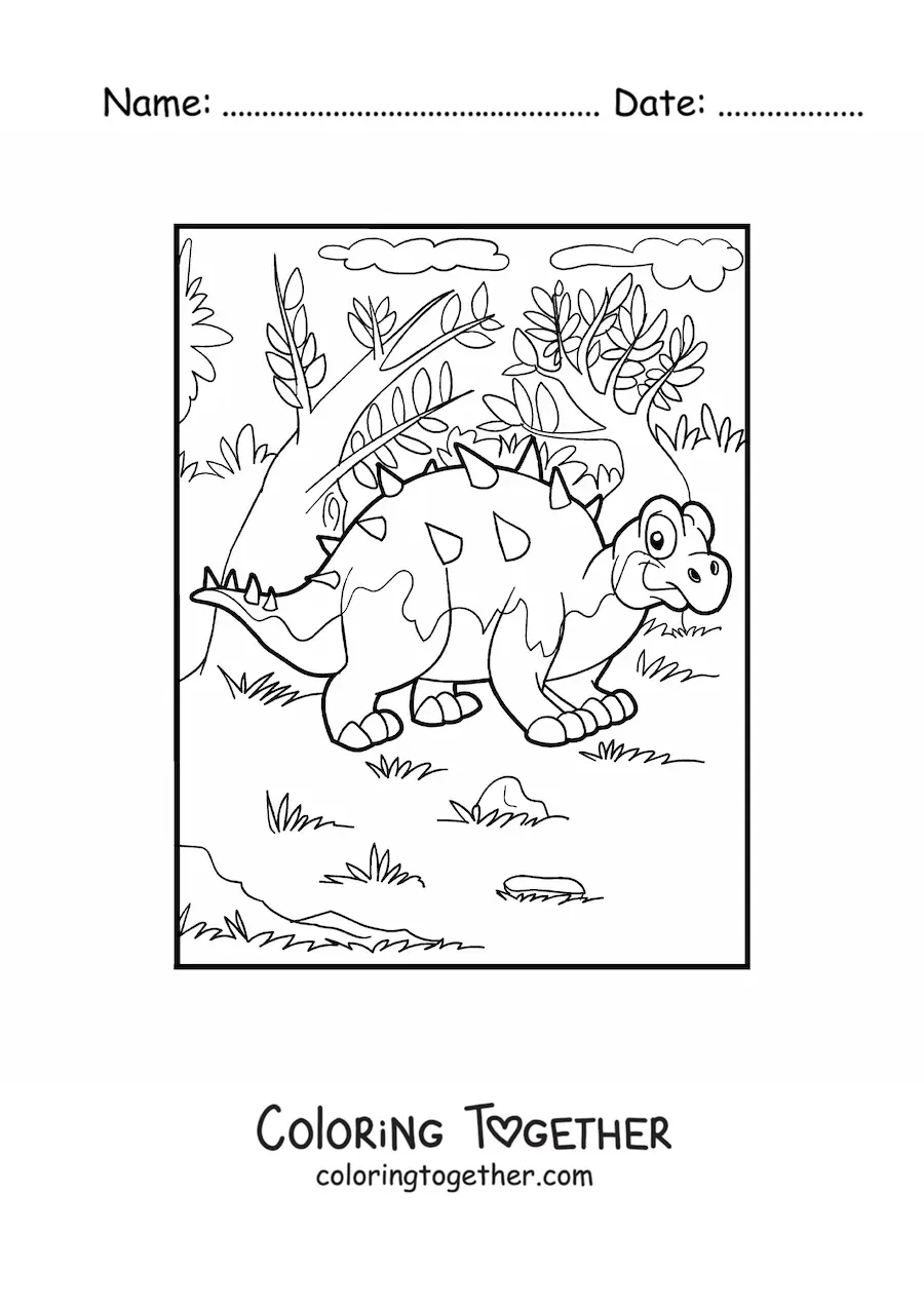 Coloring page of an animated herbivorous Polacanthus dinosaur