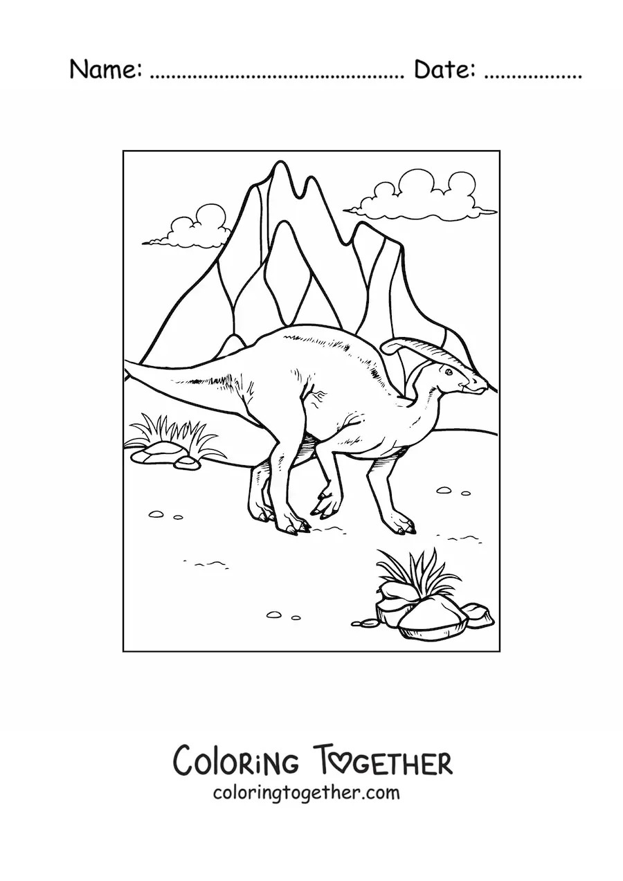 Coloring page of an animated herbivorous Parasaurolophus dinosaur