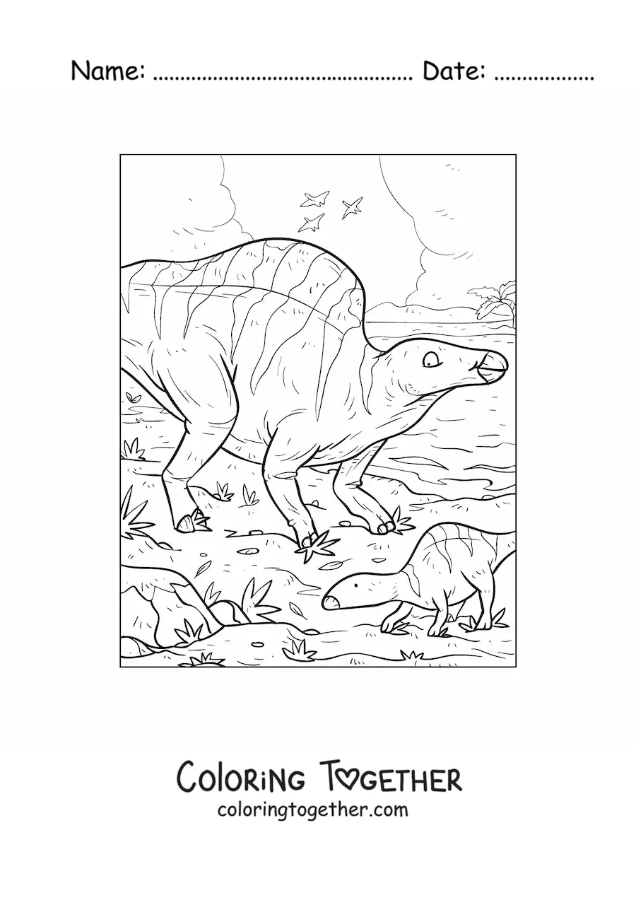 Coloring page of an animated herbivorous Morelladon dinosaur with its babies