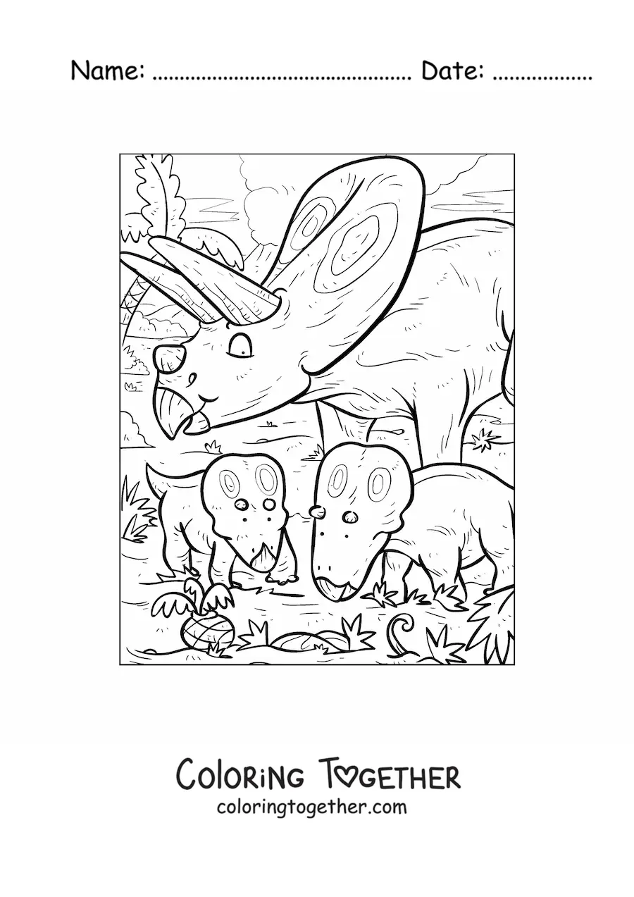 Coloring page of an animated herbivorous Torosaurus with its babies