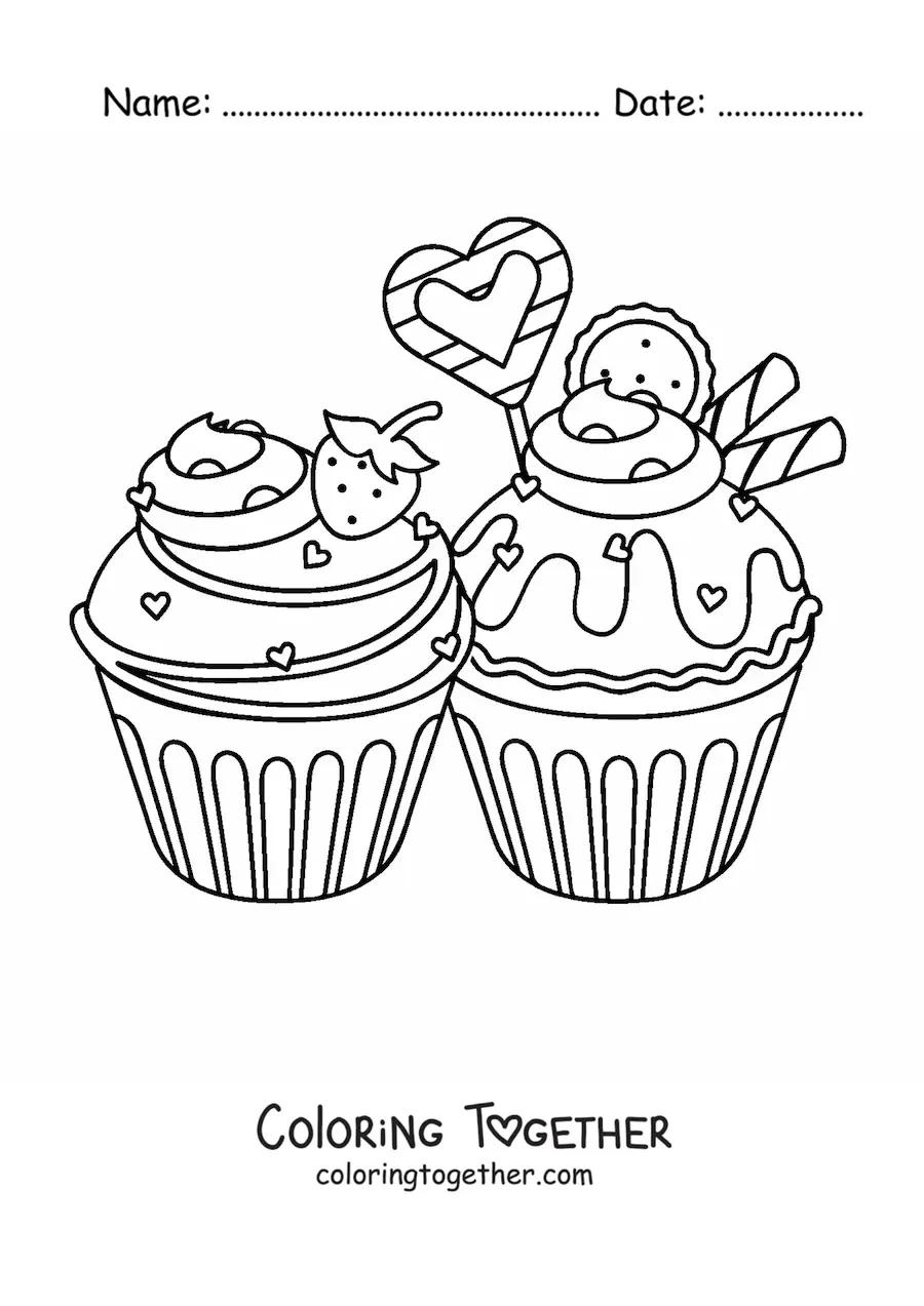 Coloring page of two cupcakes with hearts and a strawberry