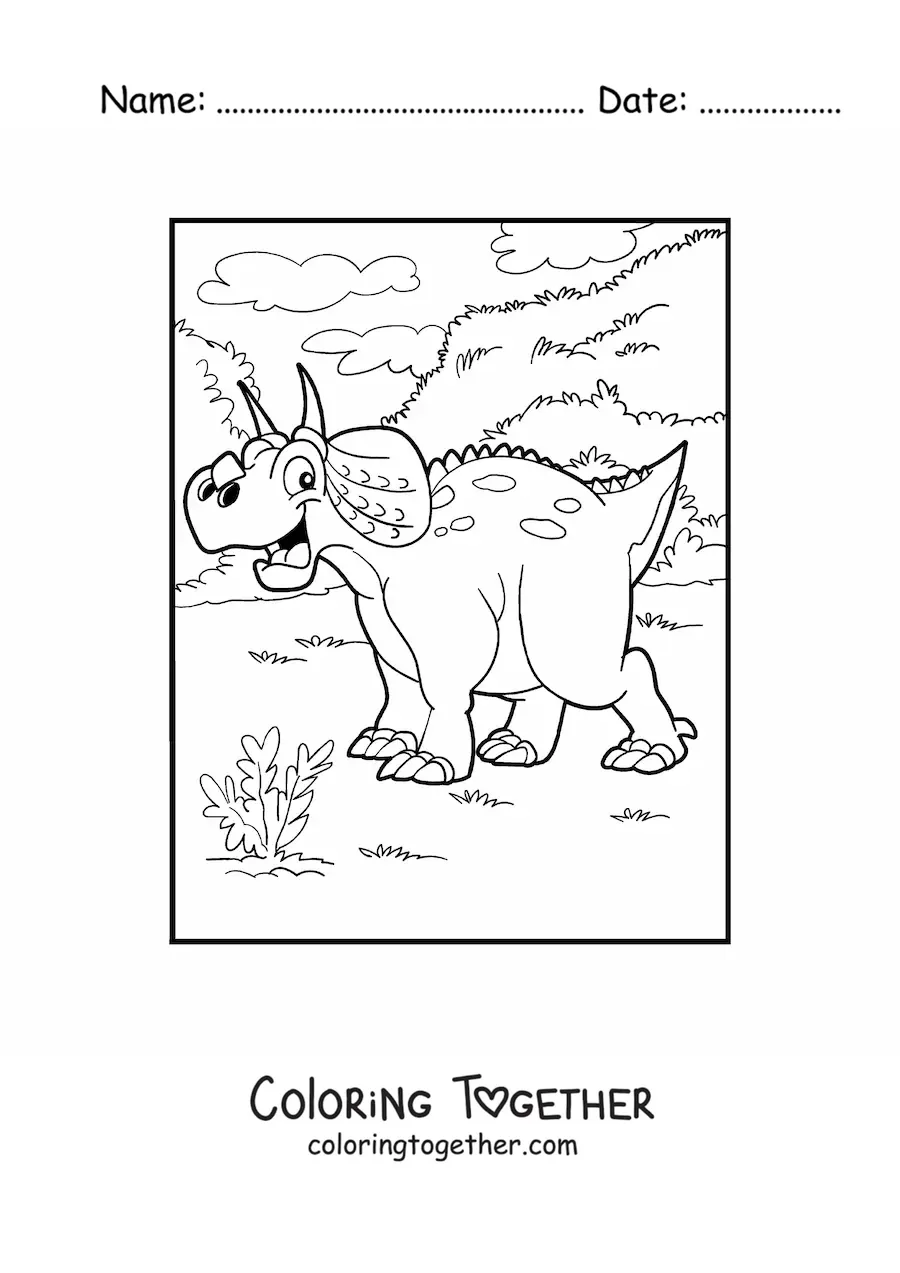 Coloring page of an animated herbivorous dinosaur in its habitat