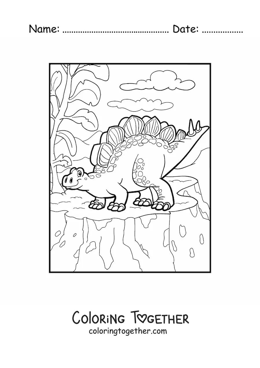 Coloring page of a large herbivorous dinosaur in its habitat