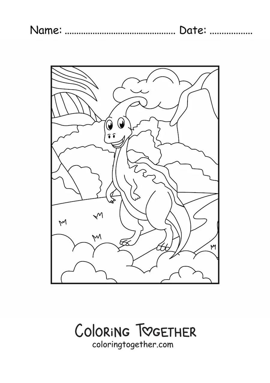Coloring page of a small animated herbivorous dinosaur in its habitat