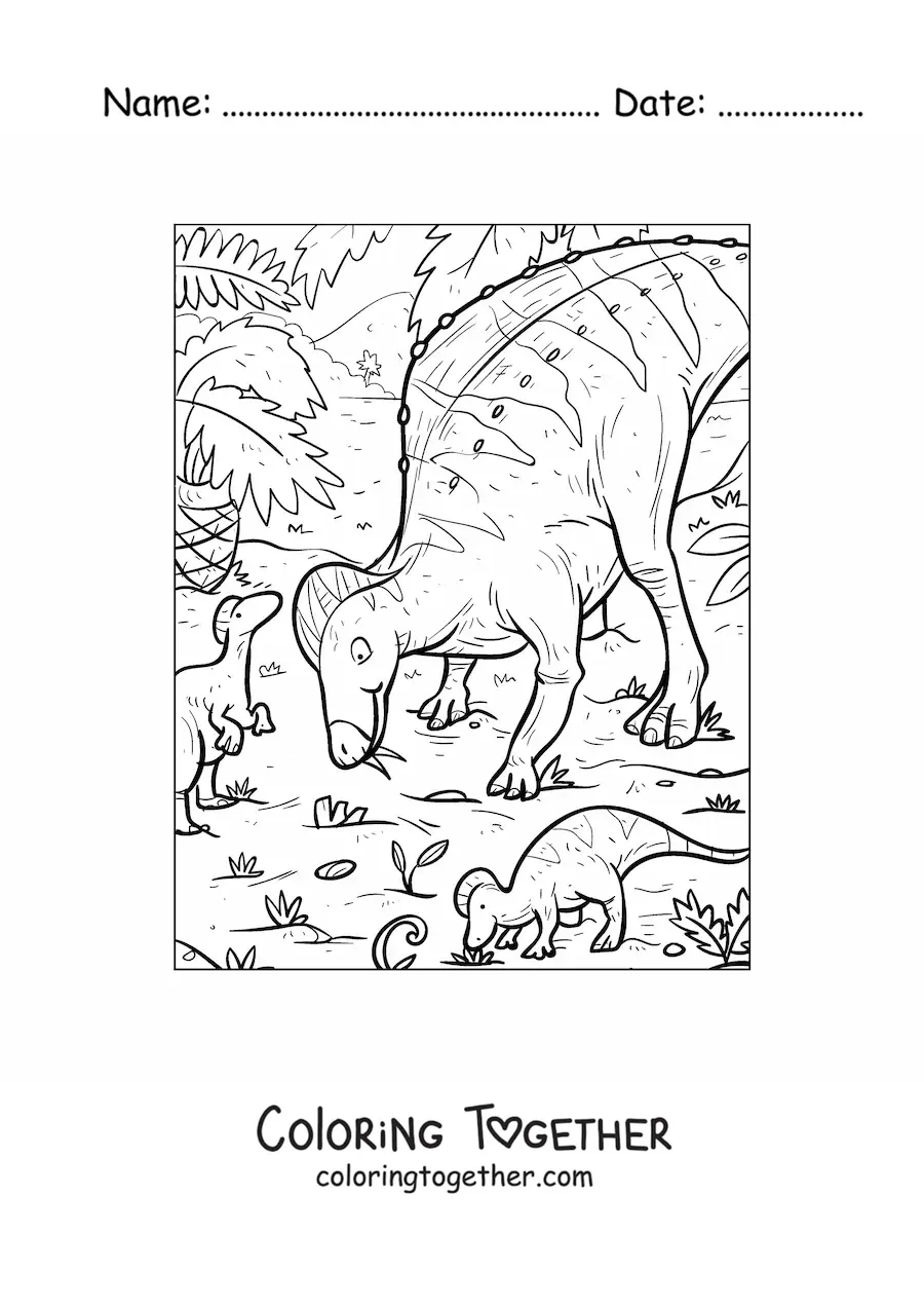 Coloring page of a herbivorous dinosaur with its babies