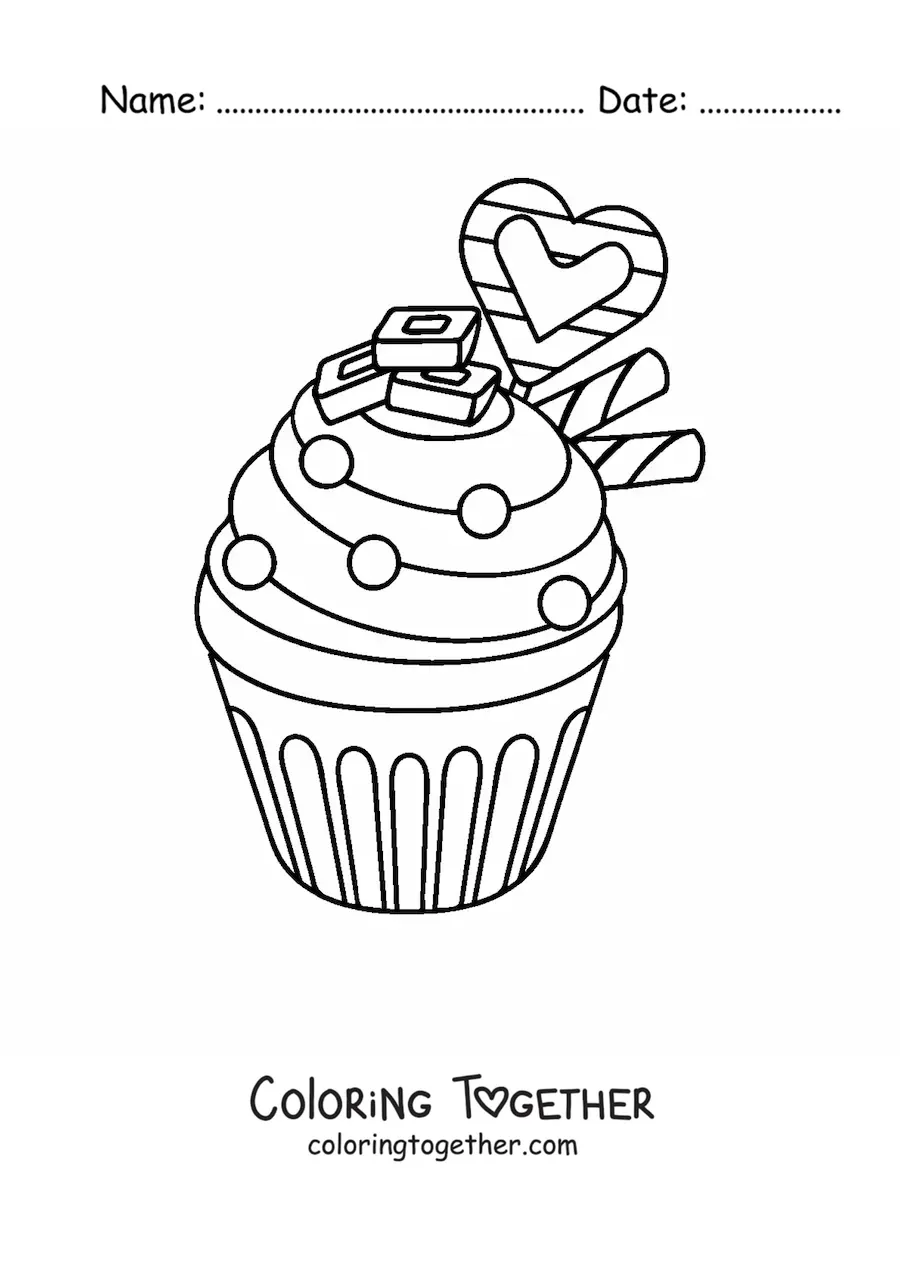 Coloring page of a cupcake with a heart and two wafers