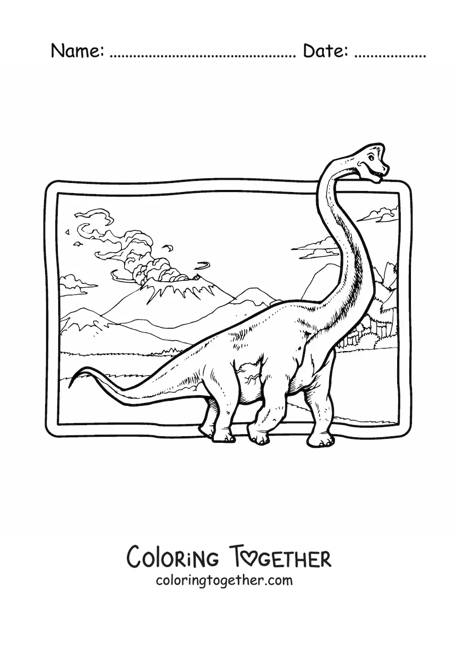 Coloring page of a realistic Brachiosaurus dinosaur