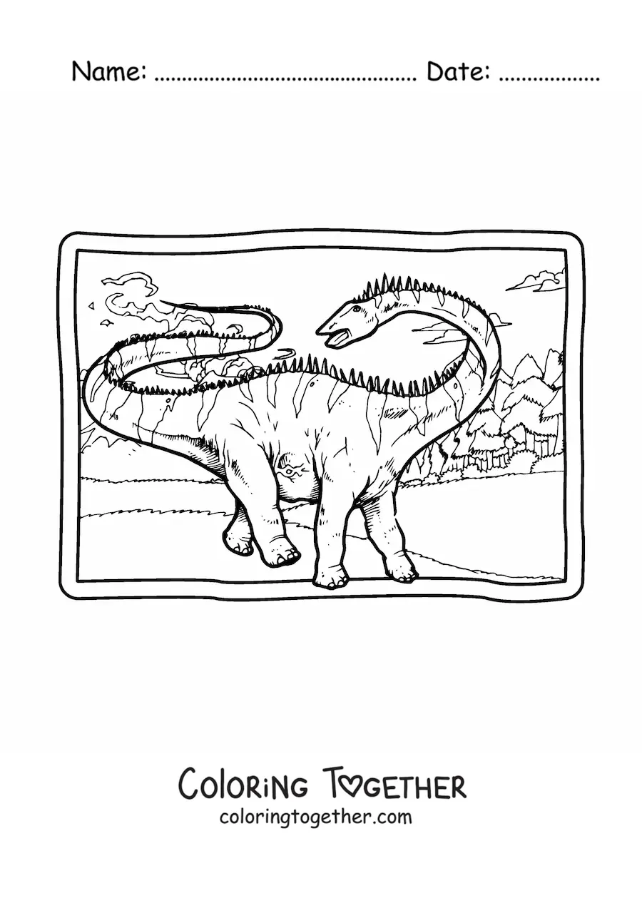 Coloring page of a realistic Diplodocus dinosaur