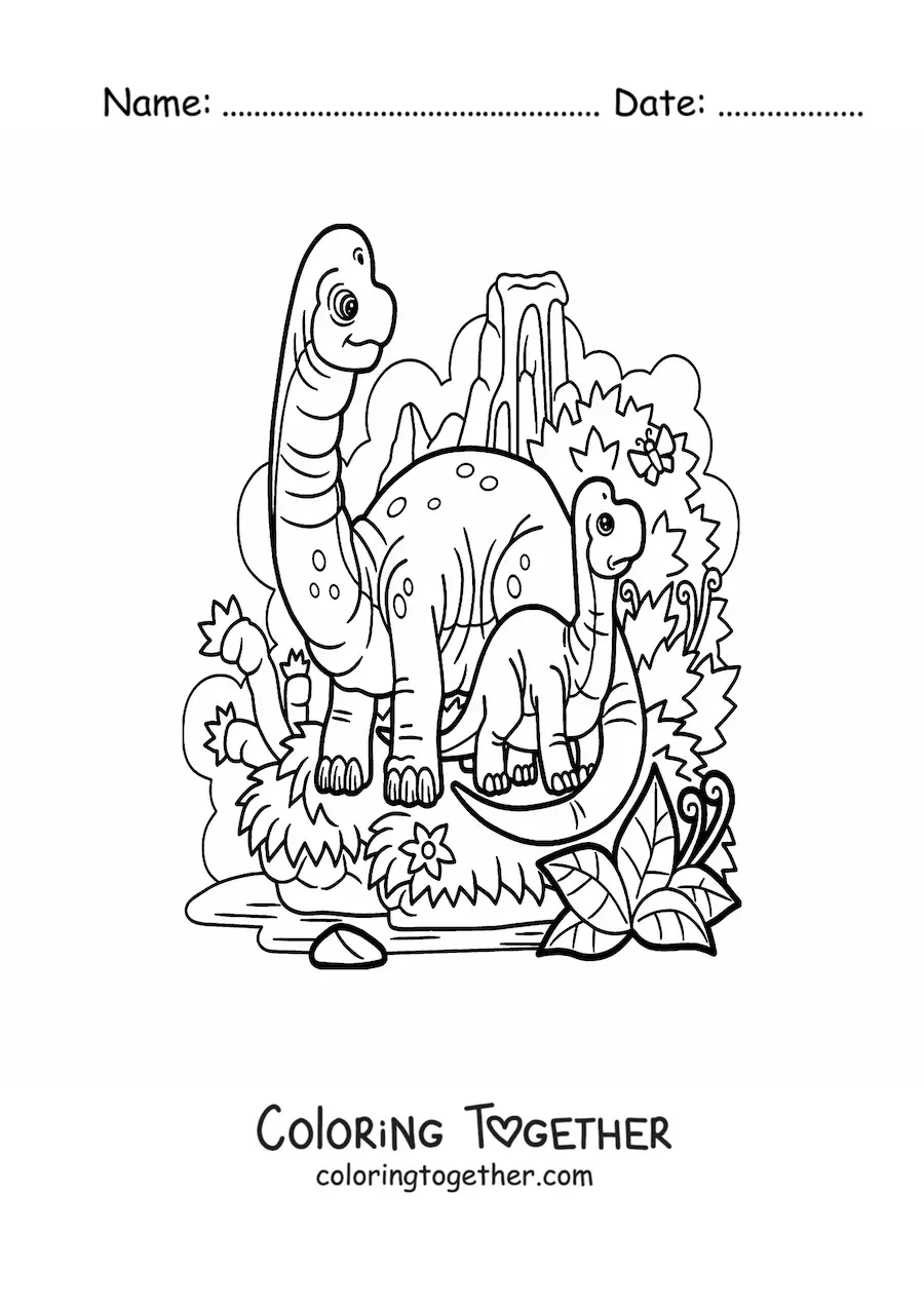 Coloring page of a baby long-necked dinosaur with its mom