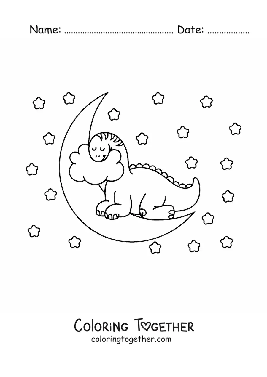 Coloring page of a kawaii baby long-necked dinosaur sleeping