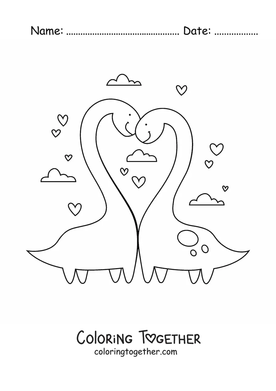 Coloring page of cute long-necked dinosaurs in love