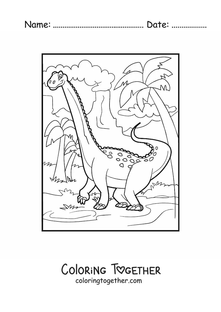 Coloring page of a brontosaurus dinosaur in its habitat