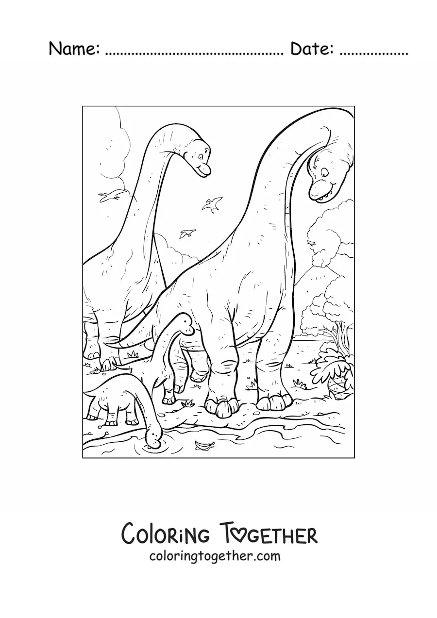 Coloring page of long-necked dinosaurs with their babies in their habitat