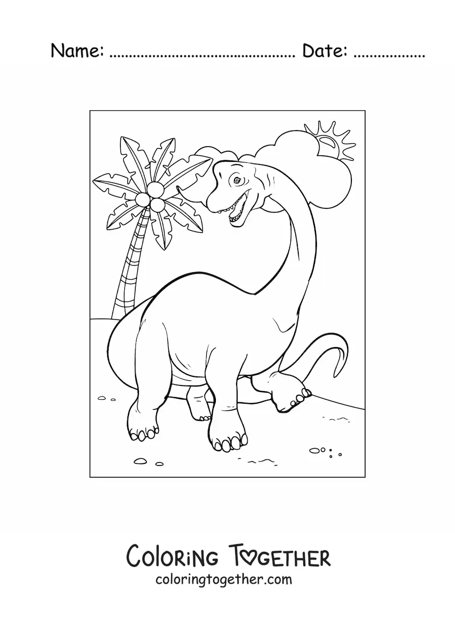 Coloring page of an animated herbivorous long-necked dinosaur walking