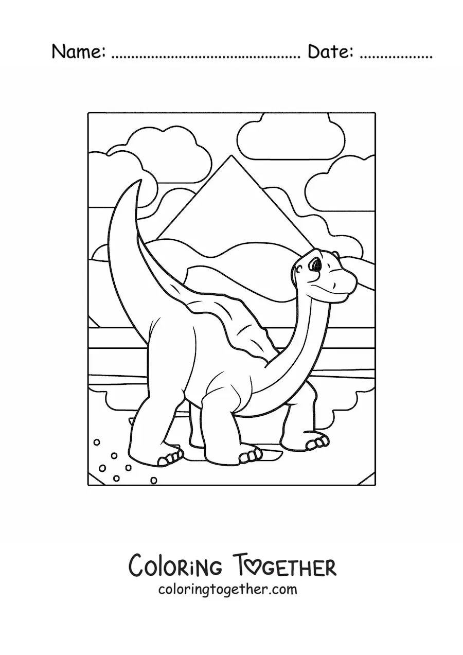 Coloring page of a cute long-necked dinosaur in its habitat