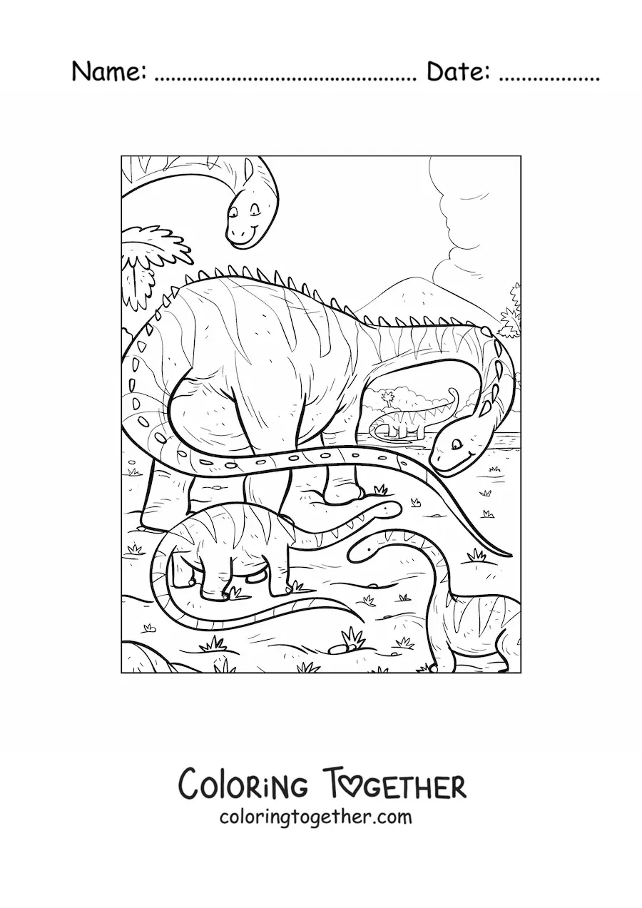 Coloring page of a long-necked, long-tailed Diplodocus dinosaur with its babies