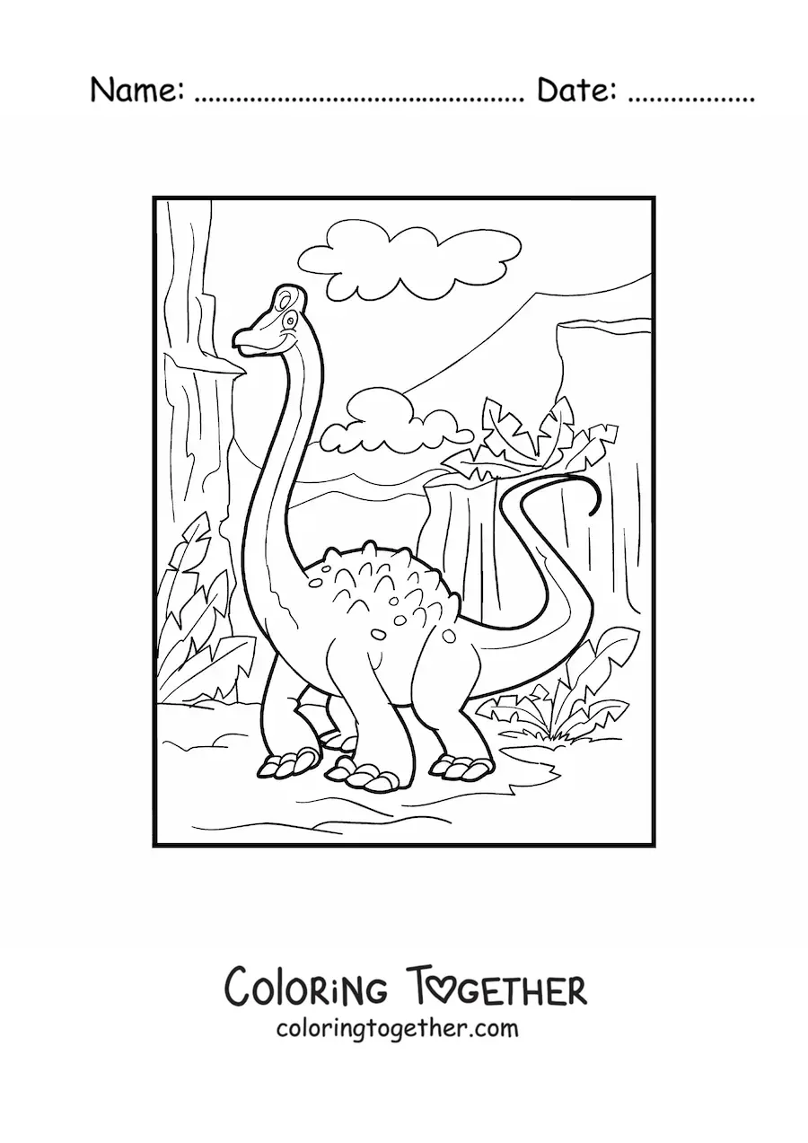 Coloring page of a long-necked dinosaur in its habitat