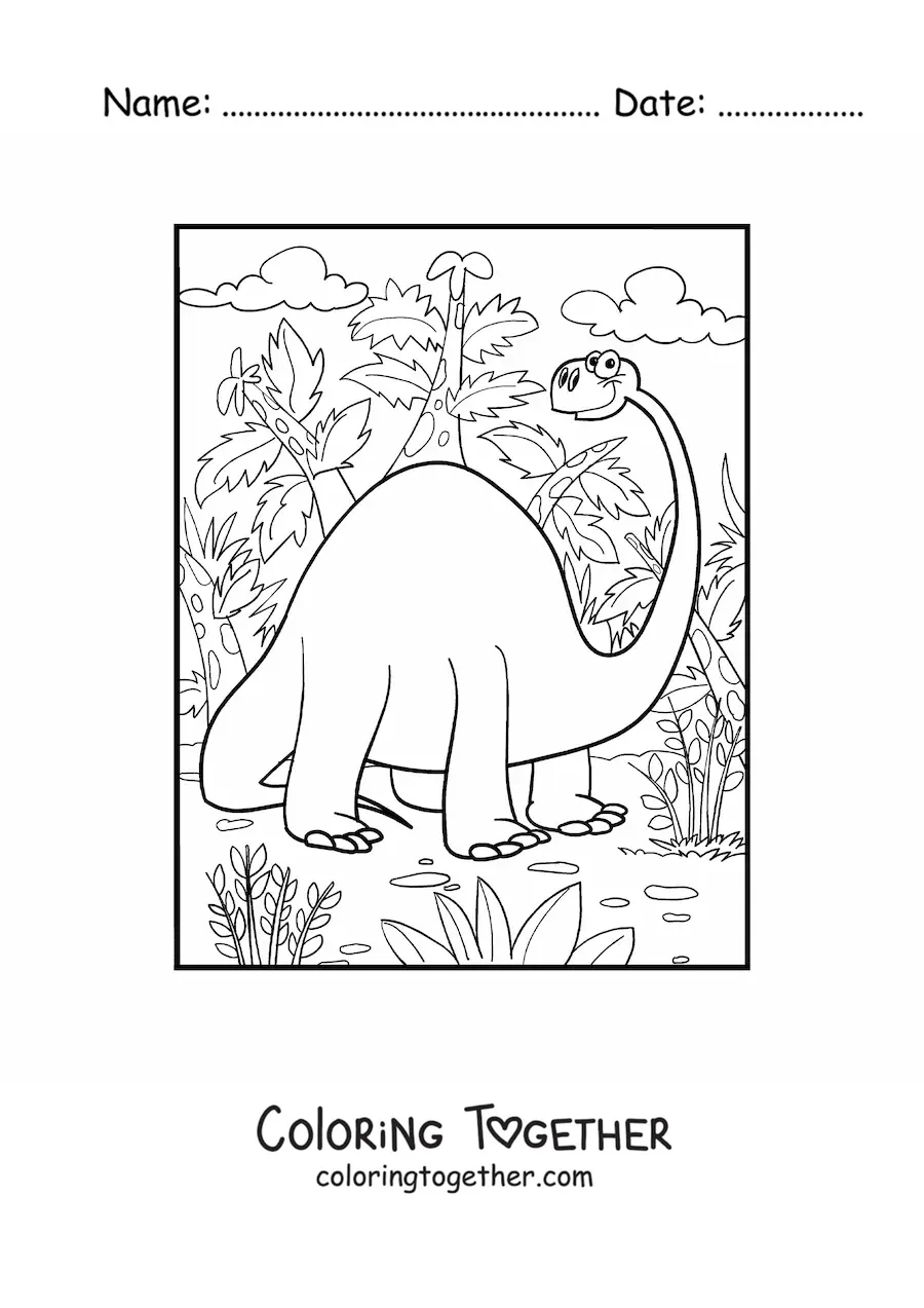 Coloring page of a giant long-necked dinosaur in its habitat