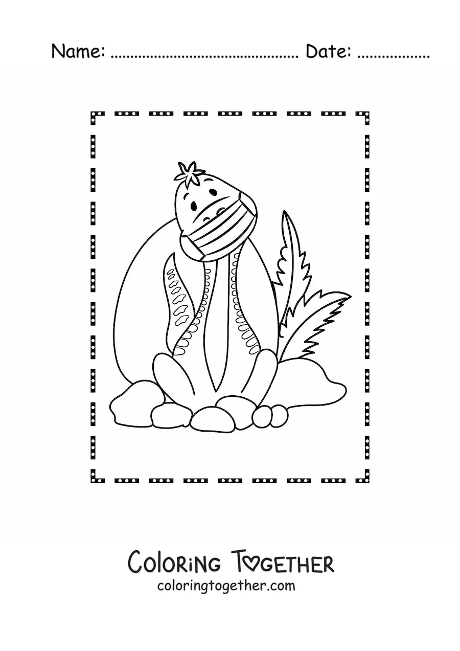 Coloring page of an animated long-necked dinosaur sitting with a face mask