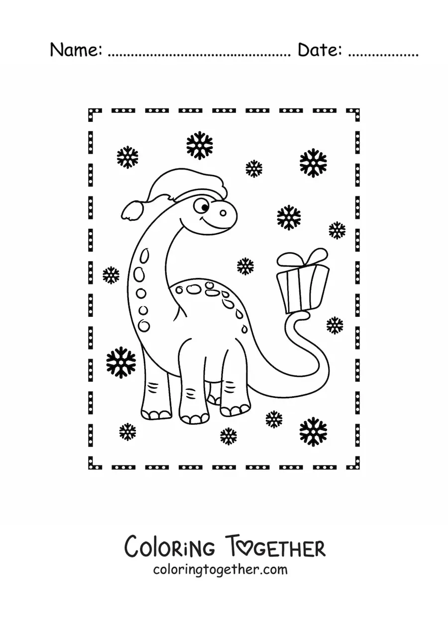 Coloring page of an animated long-necked dinosaur with a Christmas gift