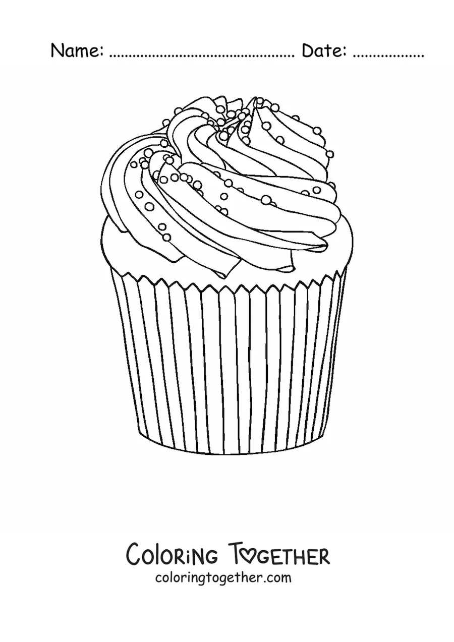 Coloring page of a realistic cupcake with frosting