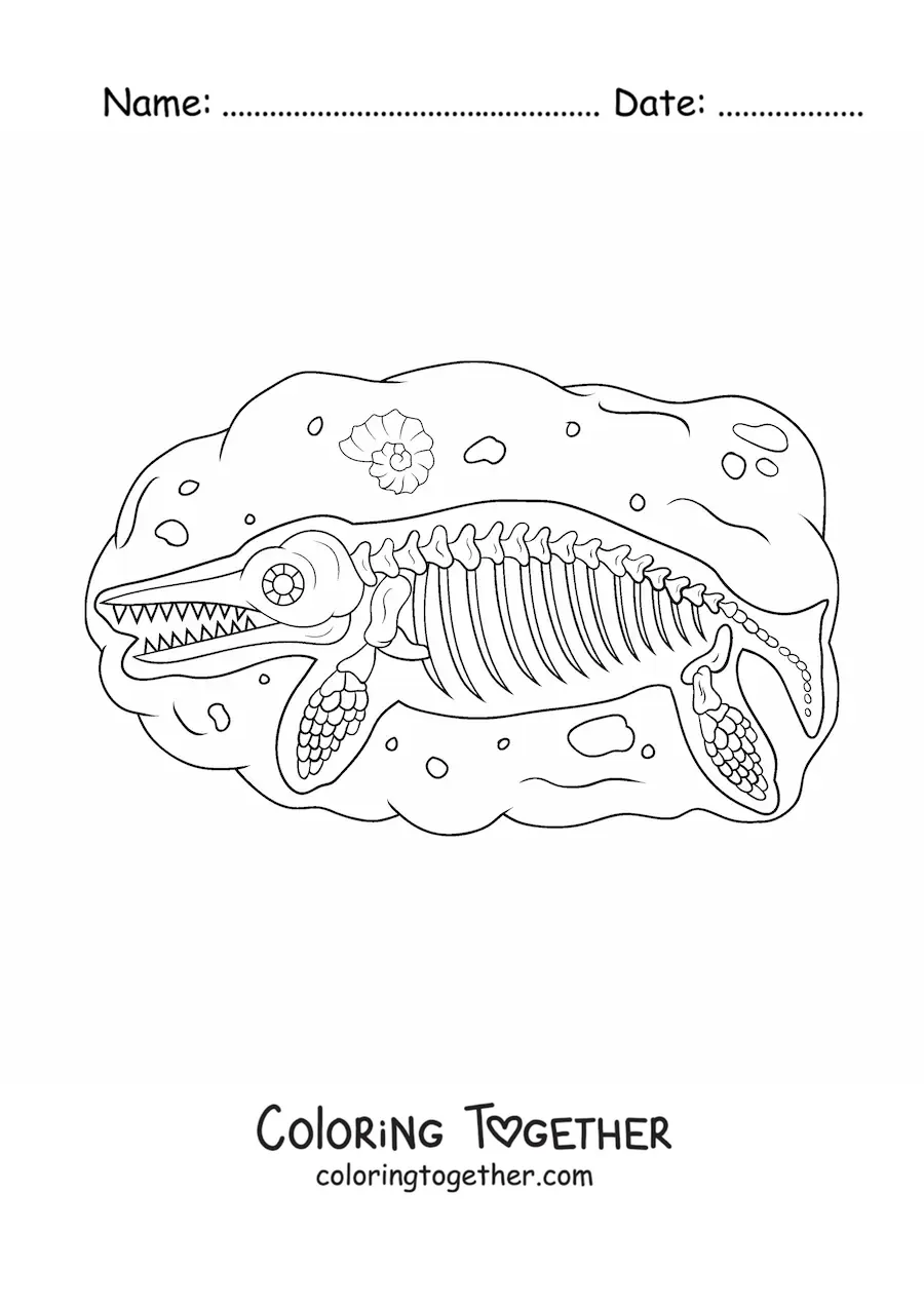 Coloring page of a fossil of an aquatic dinosaur
