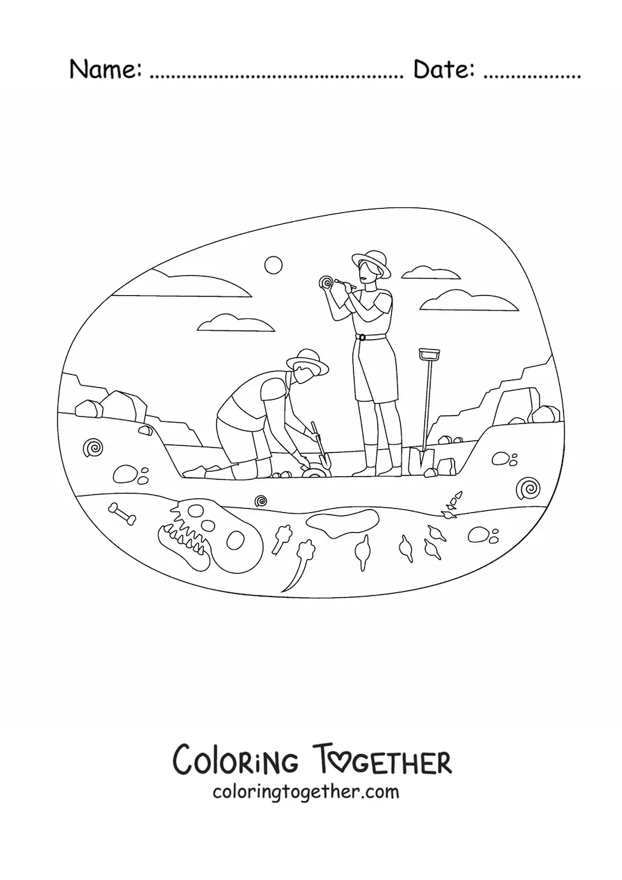 Coloring page of paleontologists excavating dinosaur fossils
