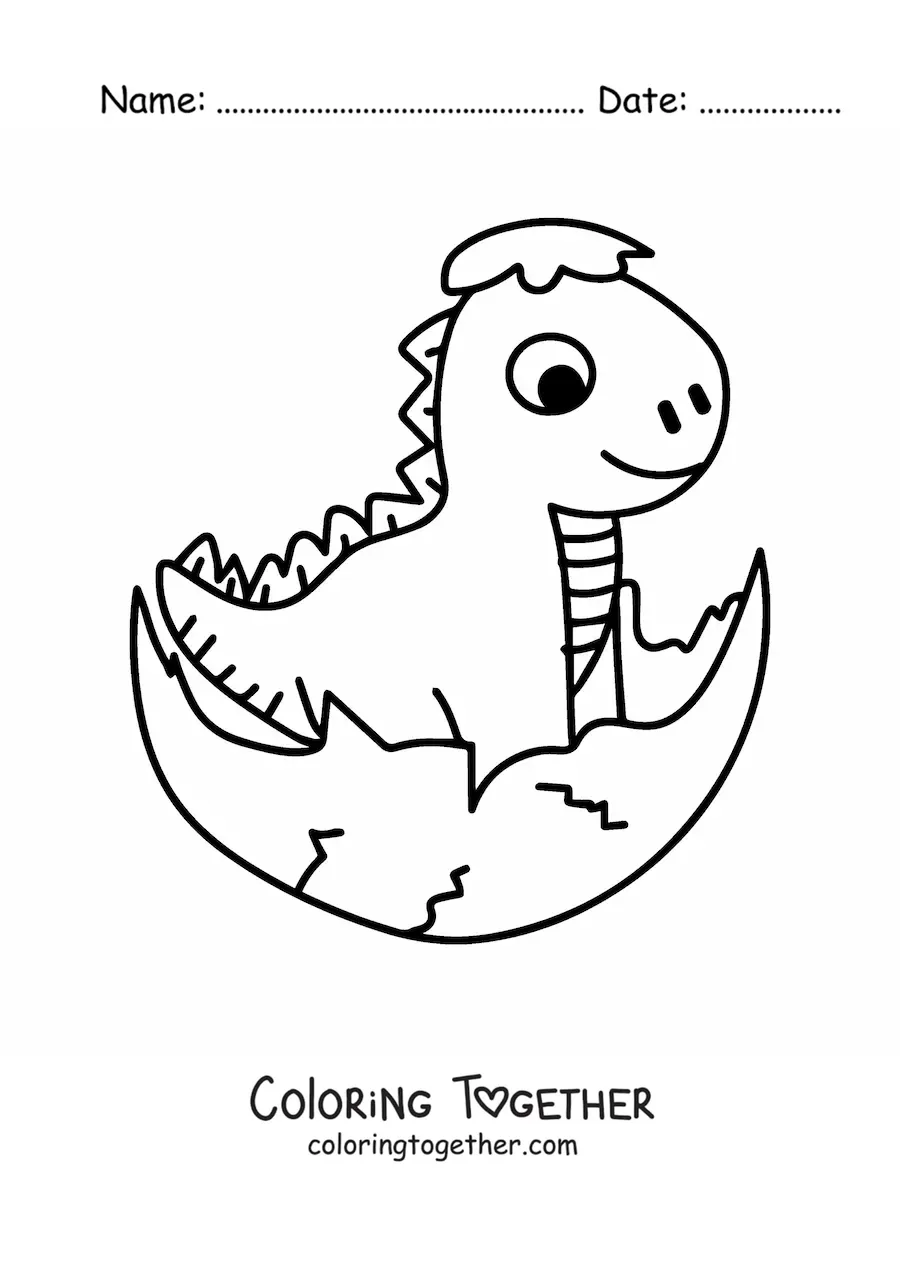 Coloring page of a cute animated baby dinosaur in an egg
