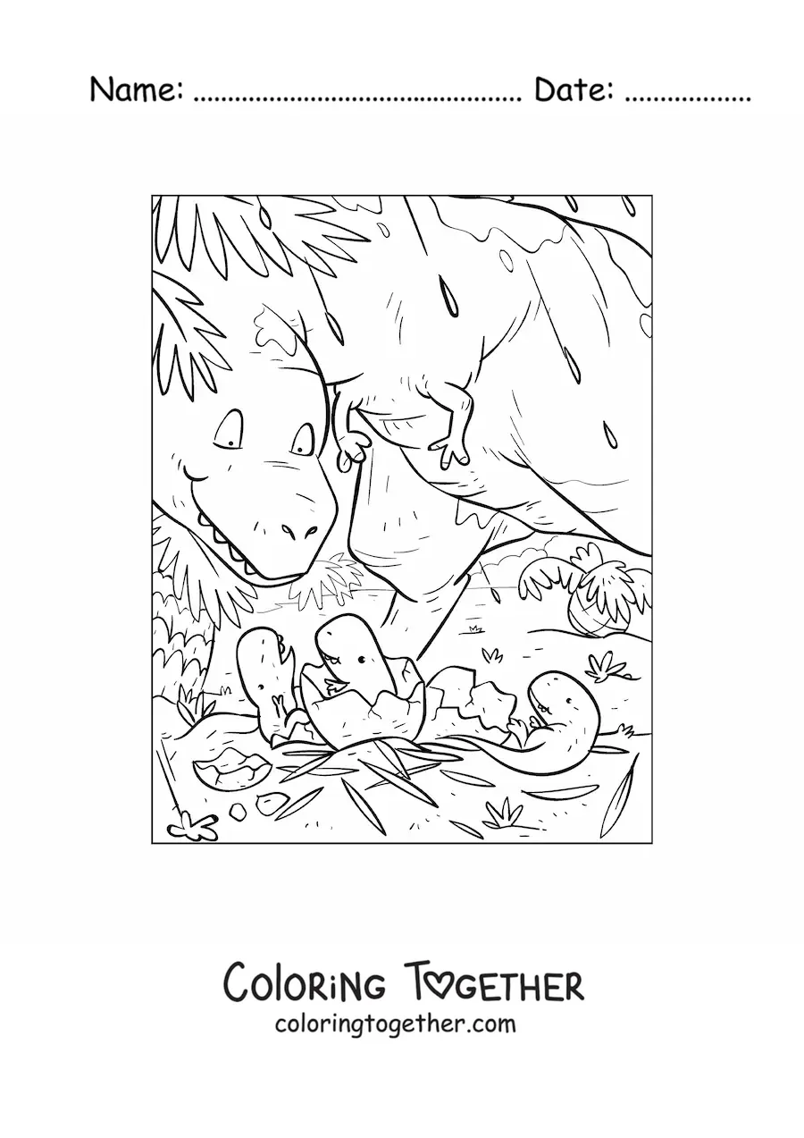 Coloring page of a mother dinosaur with her newborn babies