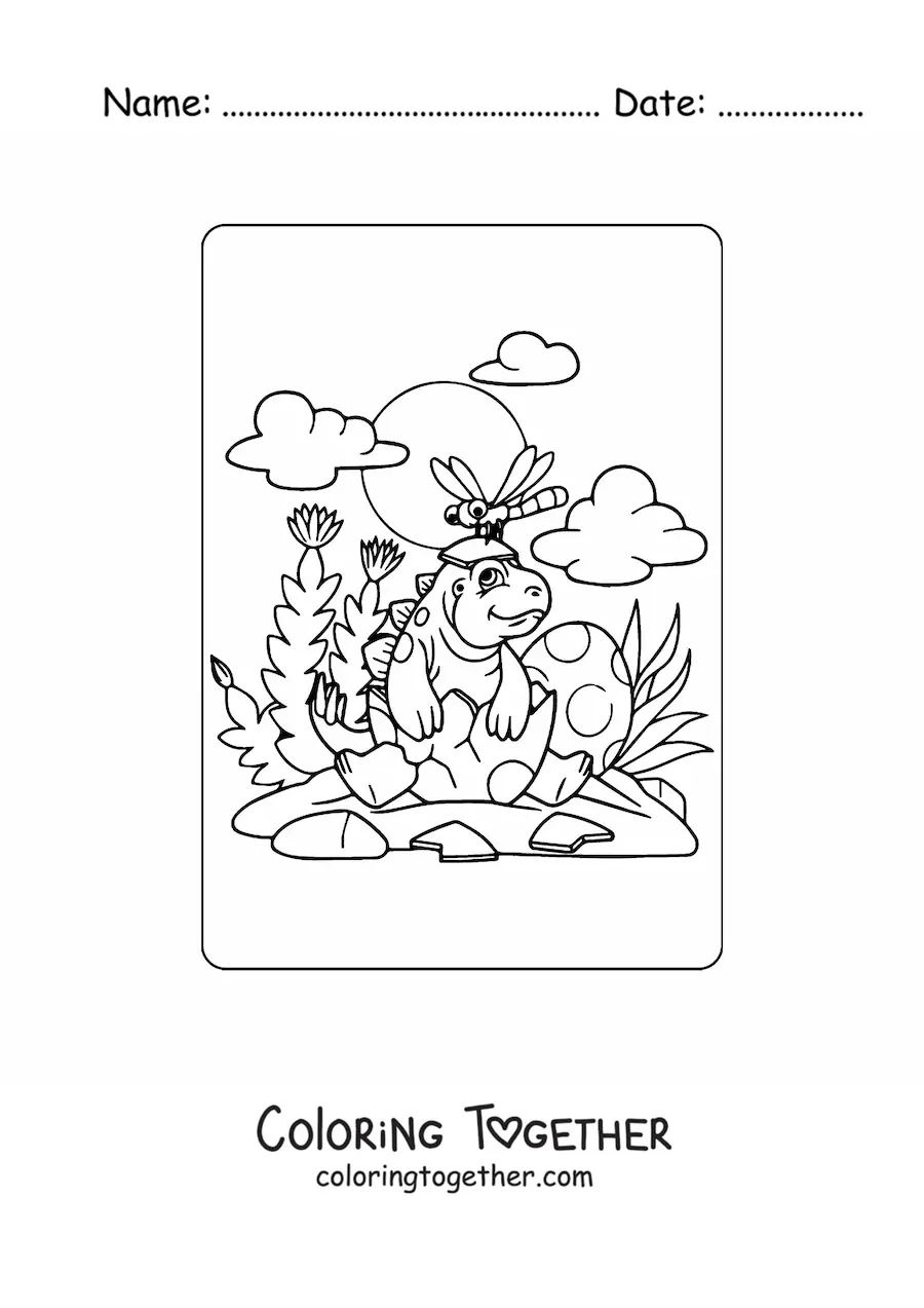 Coloring page of a newborn dinosaur in an egg