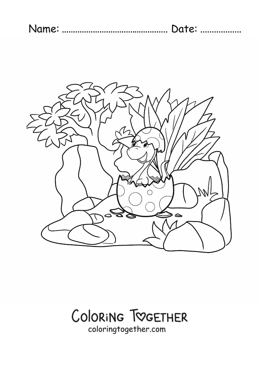 Coloring page of a dinosaur hatching from the egg