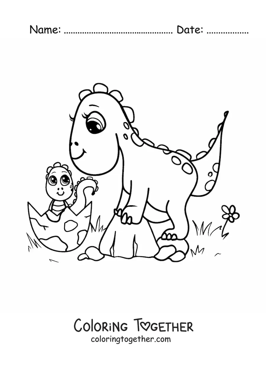 Coloring page of a mom with a kawaii baby dinosaur hatching from the egg