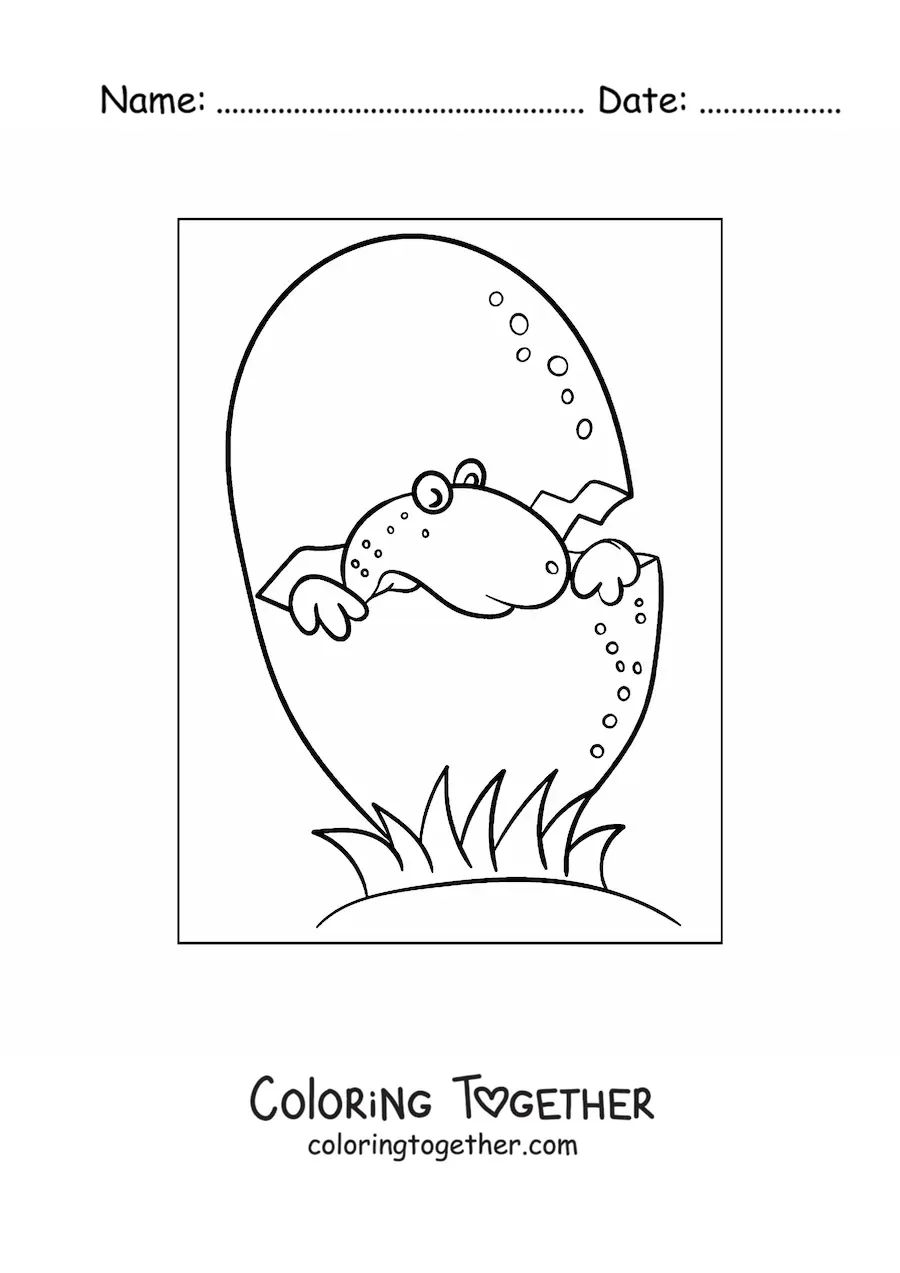 Coloring page of an animated dinosaur hatching from the egg