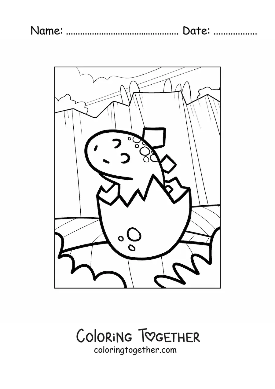 Coloring page of an easy dinosaur hatching from the egg