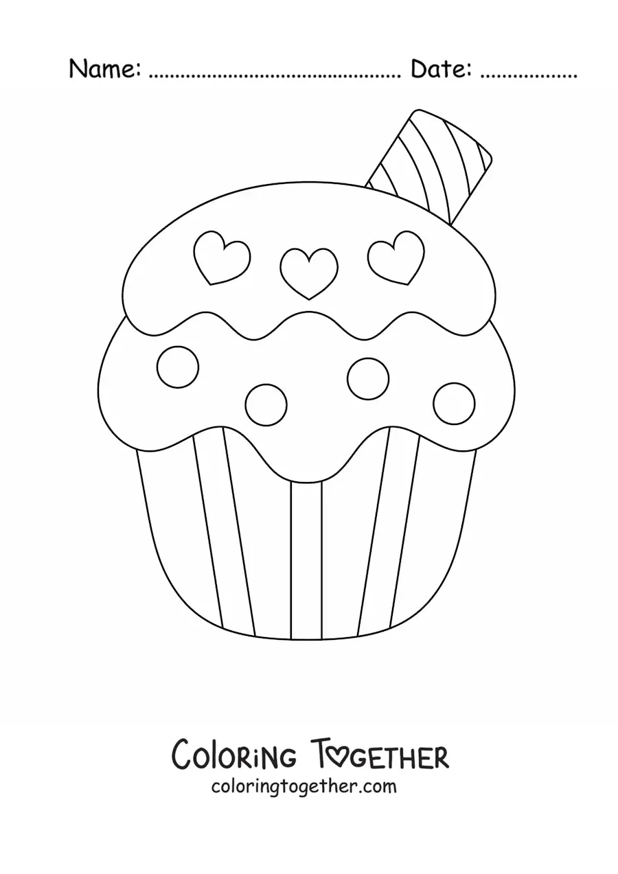 Coloring page of a cupcake with hearts in the frosting and a wafer