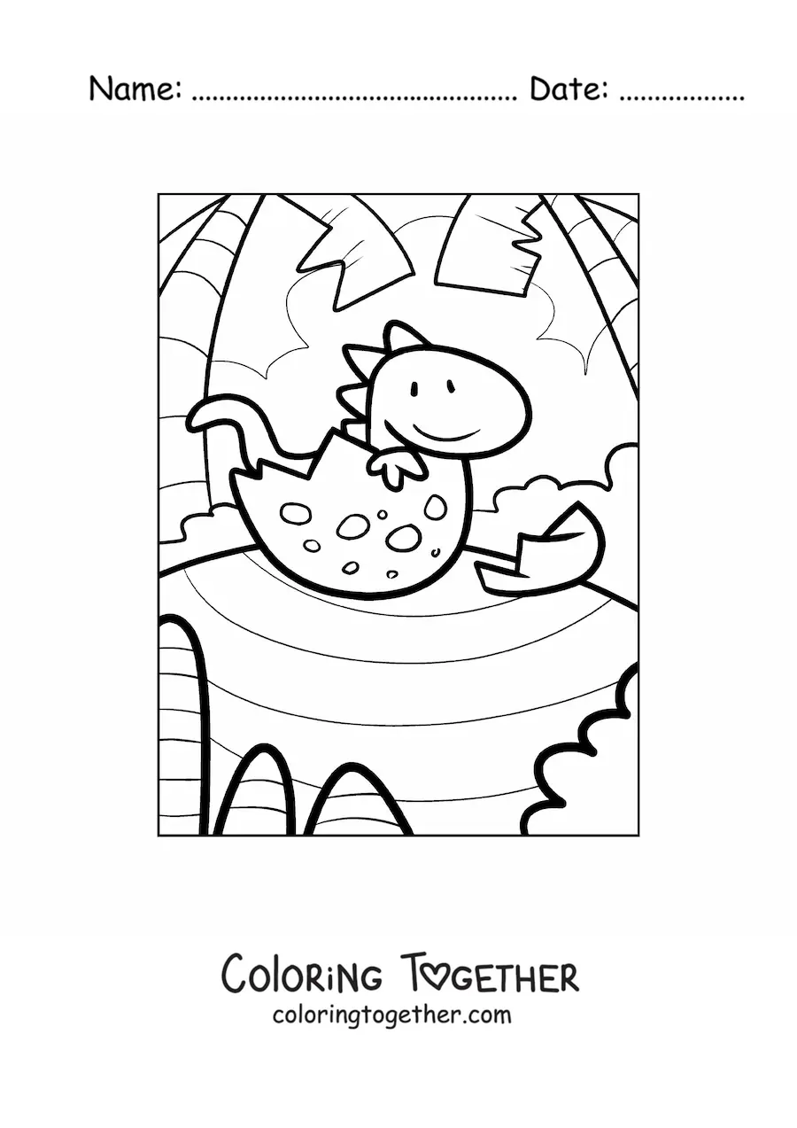 Coloring page of a cartoon of a dinosaur hatching from the egg