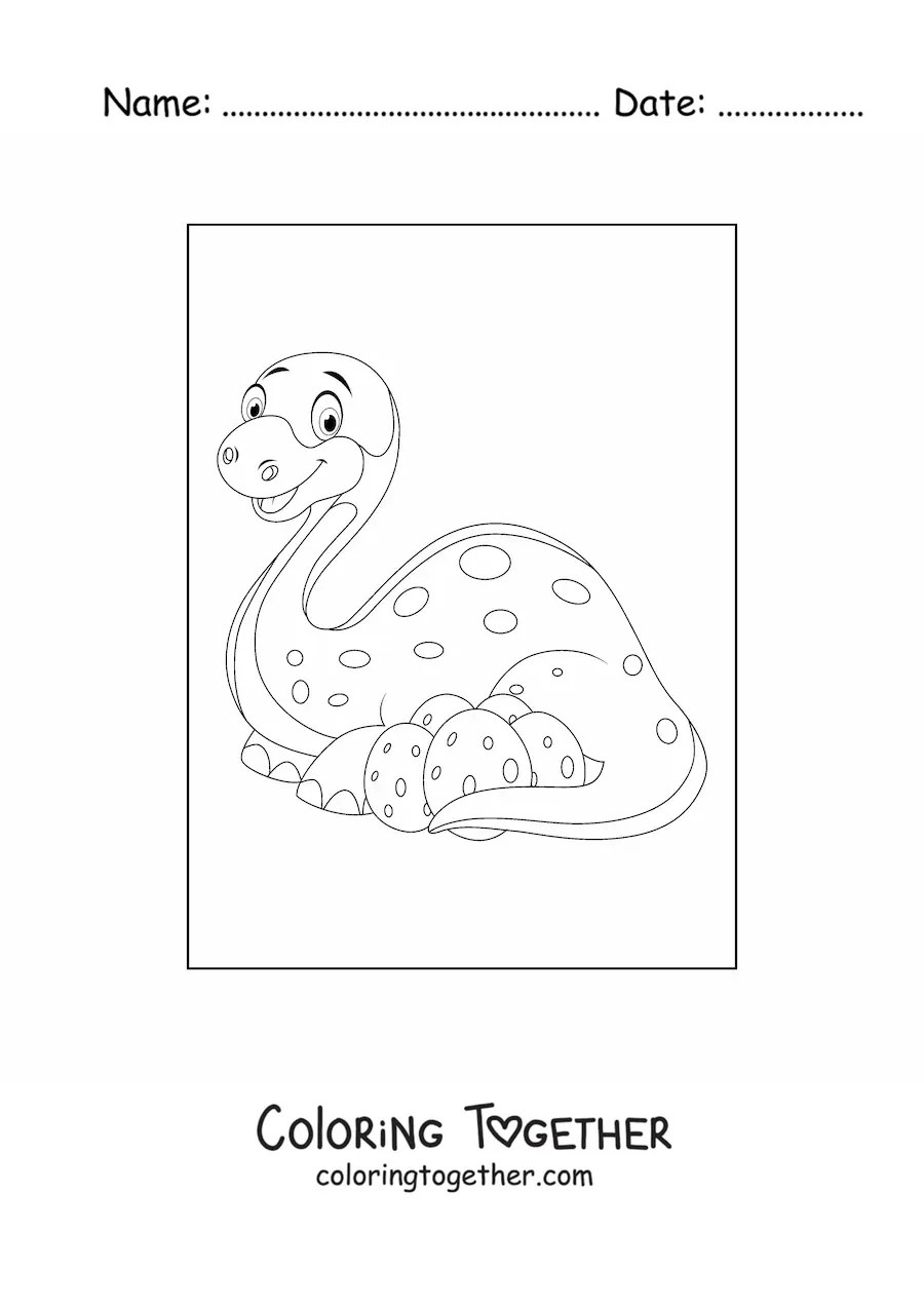 Coloring page of a mother dinosaur with her eggs