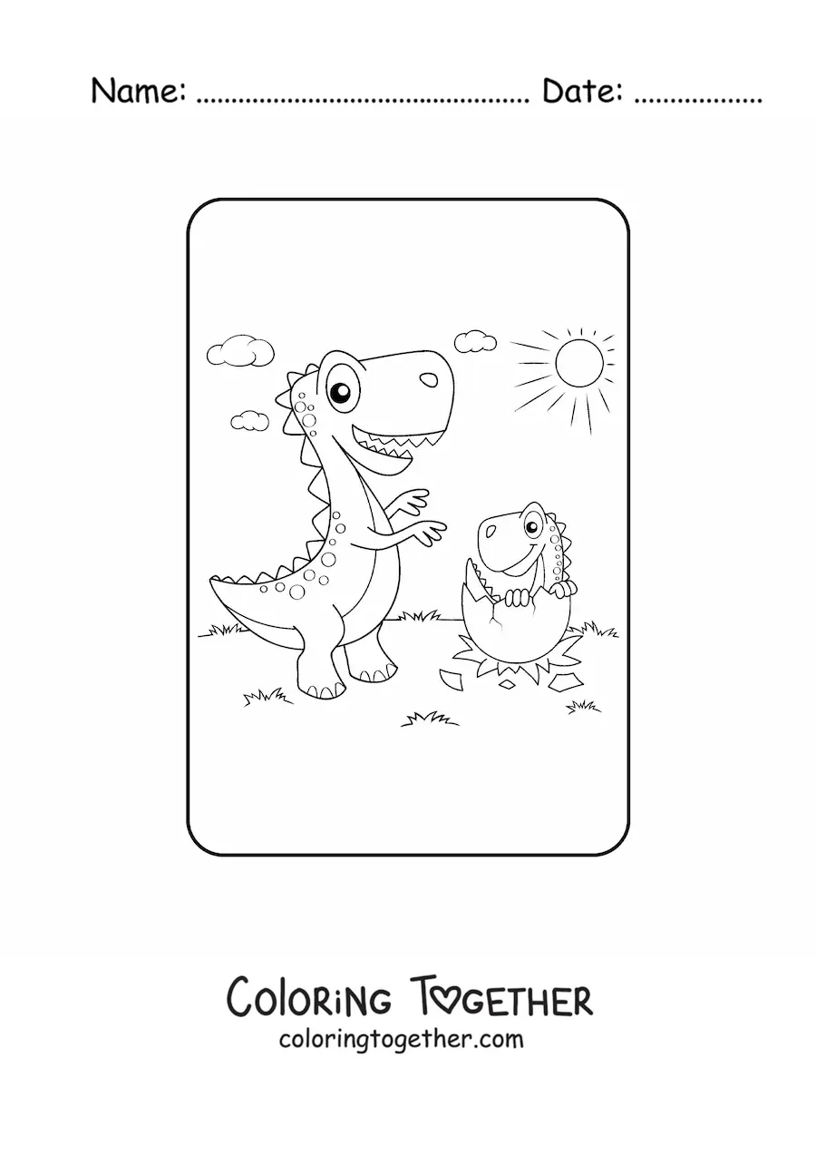 Coloring page of an animated tyrannosaurus with its baby hatching from the egg