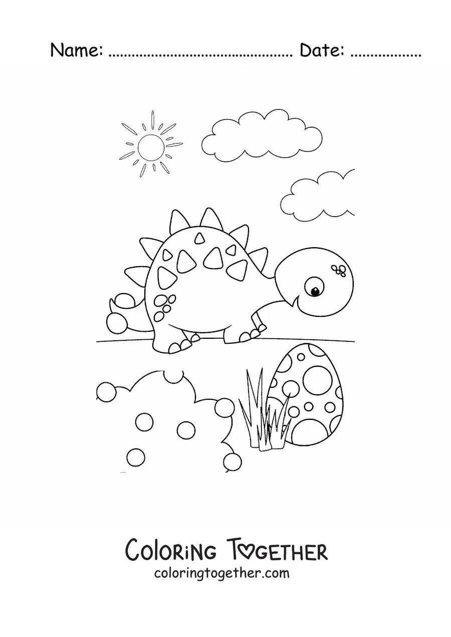 Coloring page of an animated dinosaur with an egg