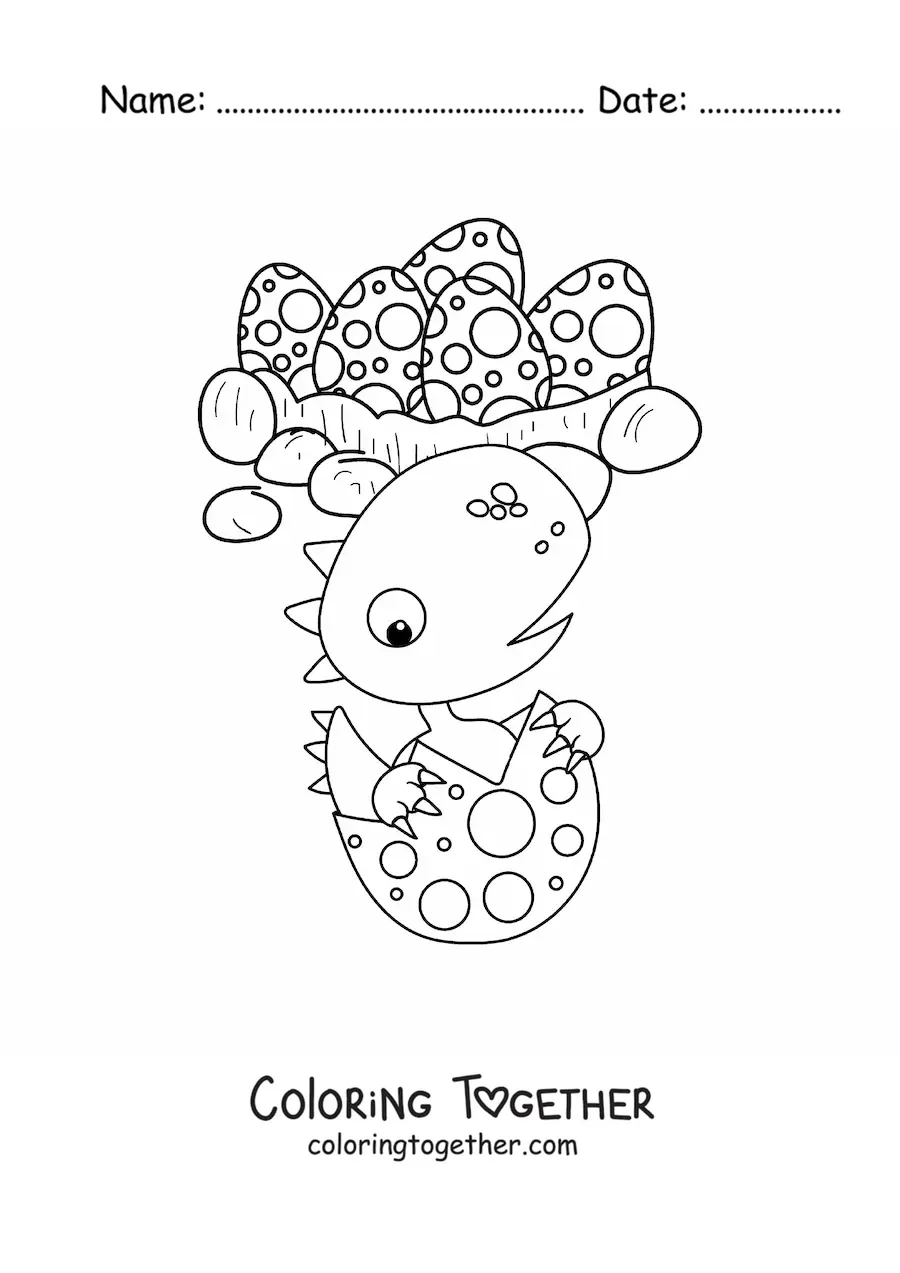 Coloring page of dinosaur eggs with a cute baby