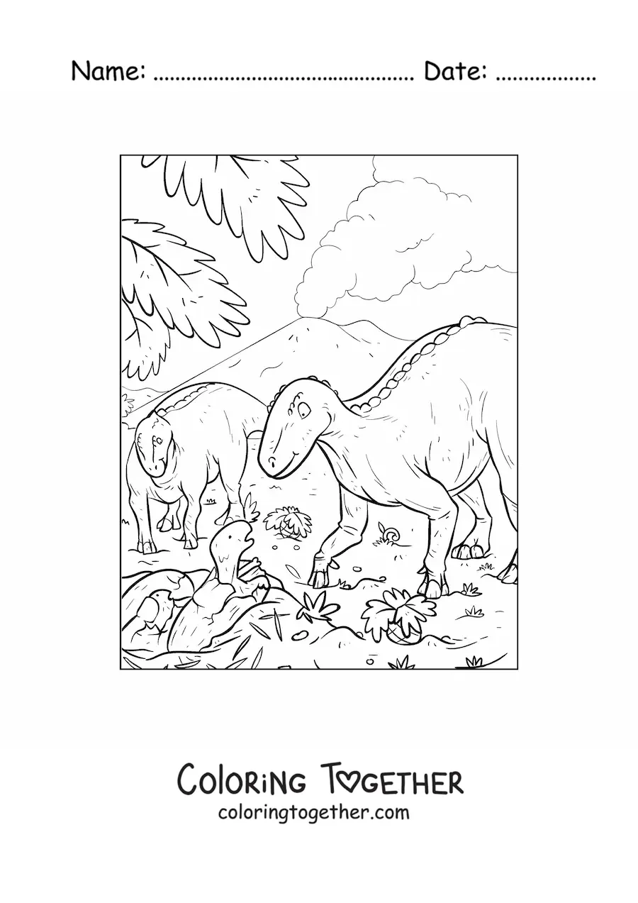 Coloring page of newborn dinosaurs with their mom