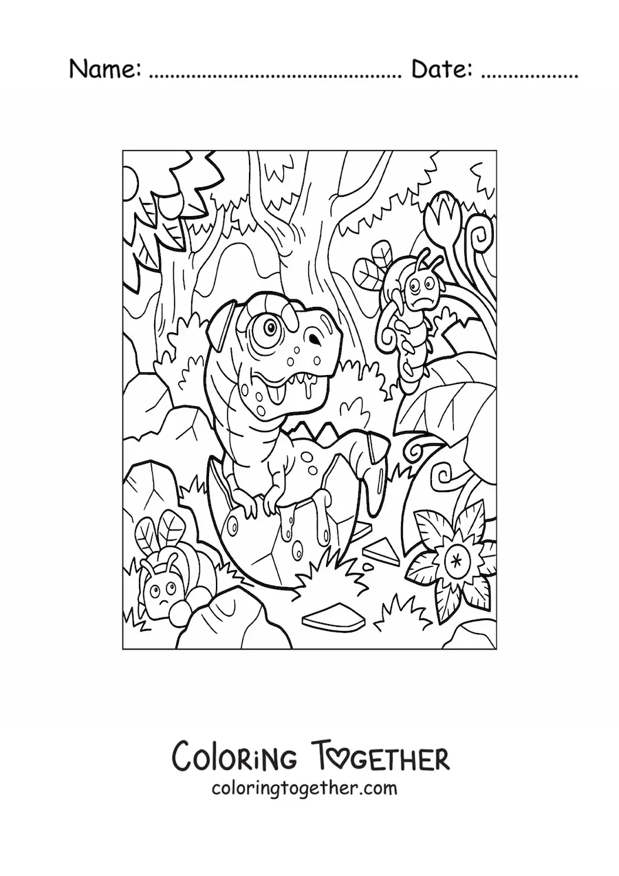 Coloring page of a carnivorous dinosaur hatching from the egg