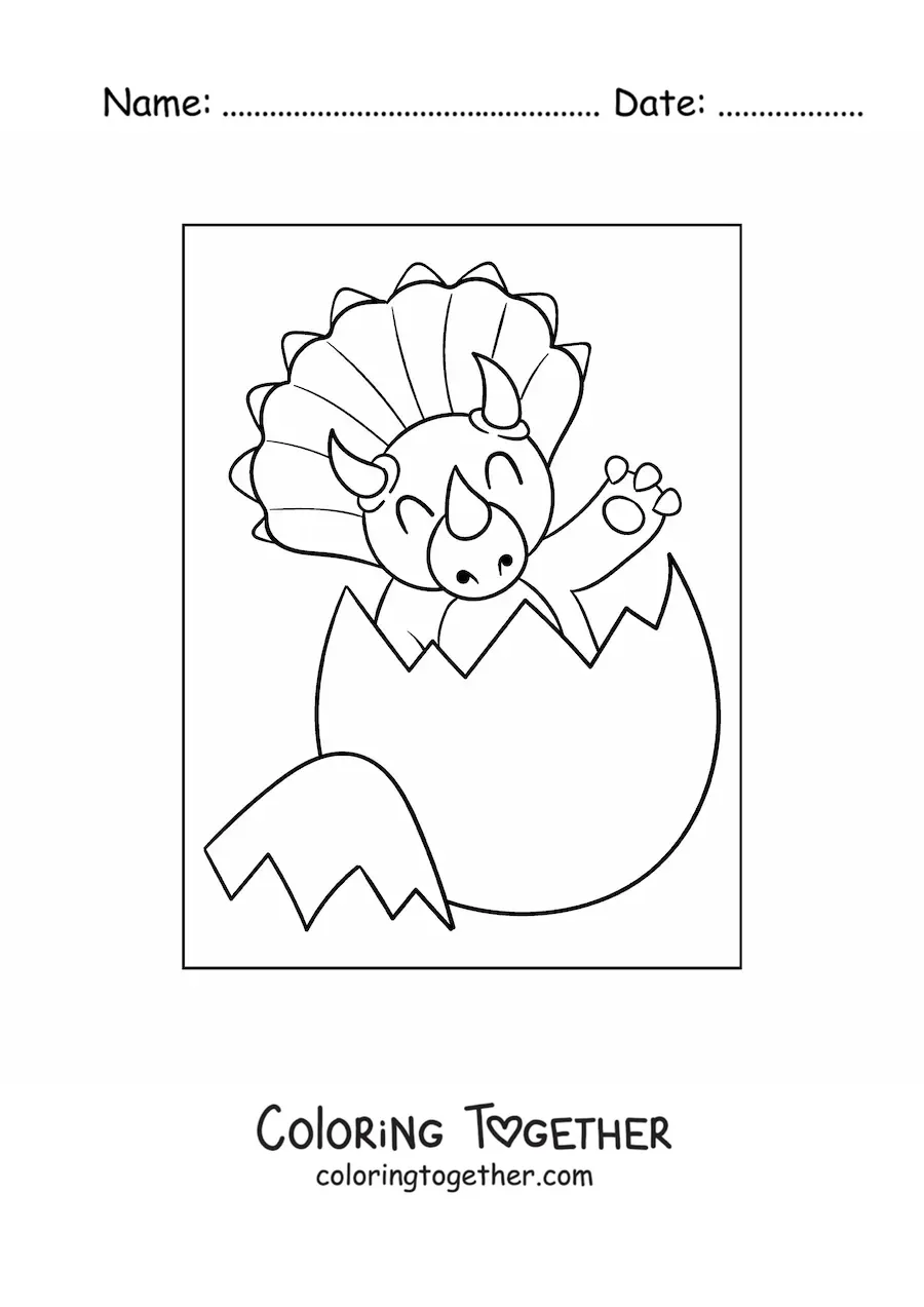 Coloring page of a baby triceratops hatching from the egg