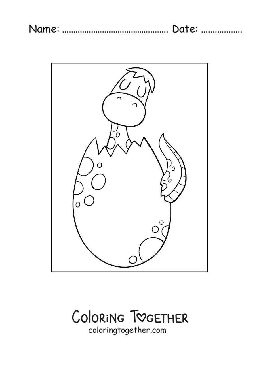 Coloring page of a baby dinosaur hatching from the egg