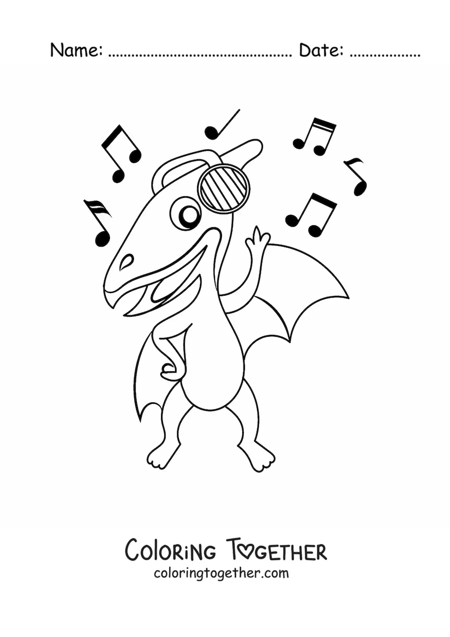 Coloring page of an animated flying dinosaur dancing
