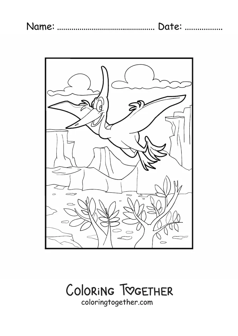 Coloring page of an animated pterosaur flying